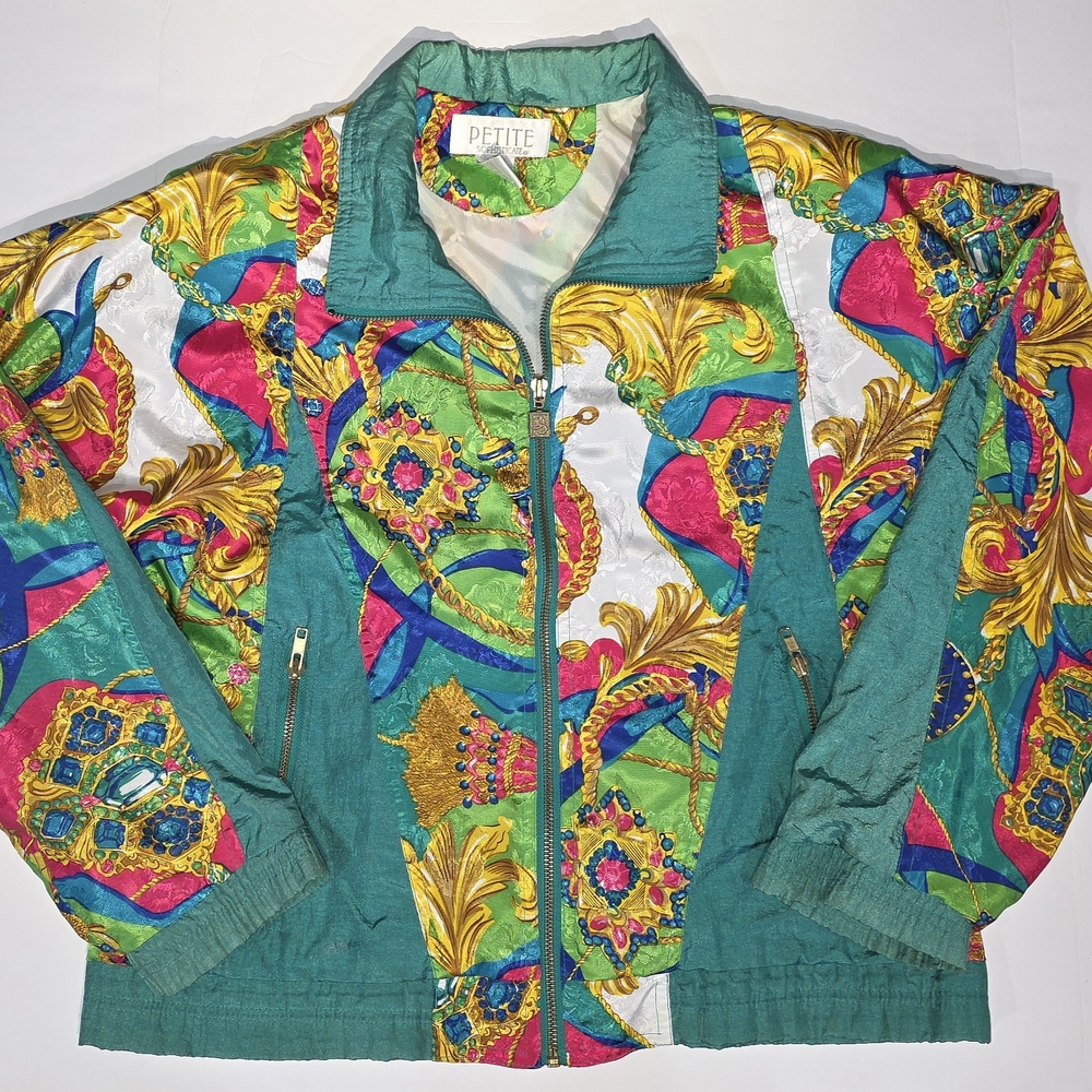 Petite Sophisticate Teal Multicolor Baroque-Print Bomber Jacket
